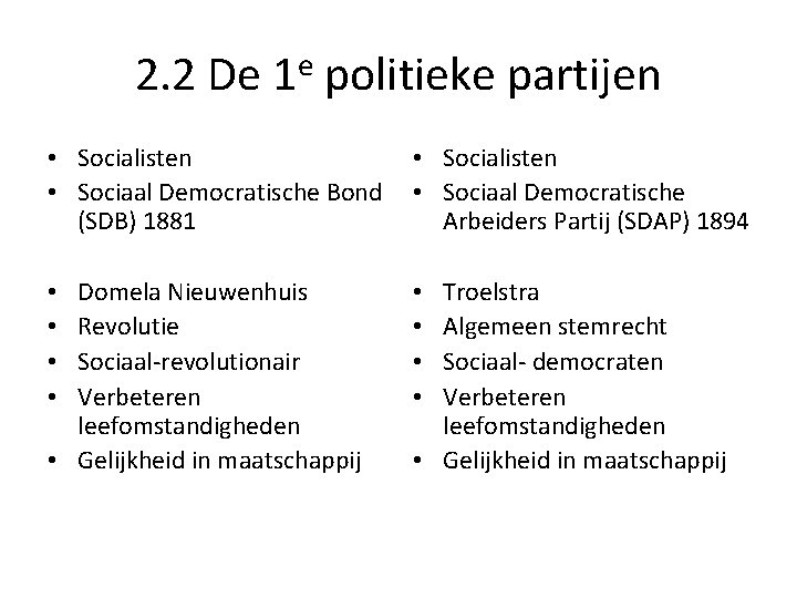 2. 2 De 1 e politieke partijen • Socialisten • Sociaal Democratische Bond (SDB)