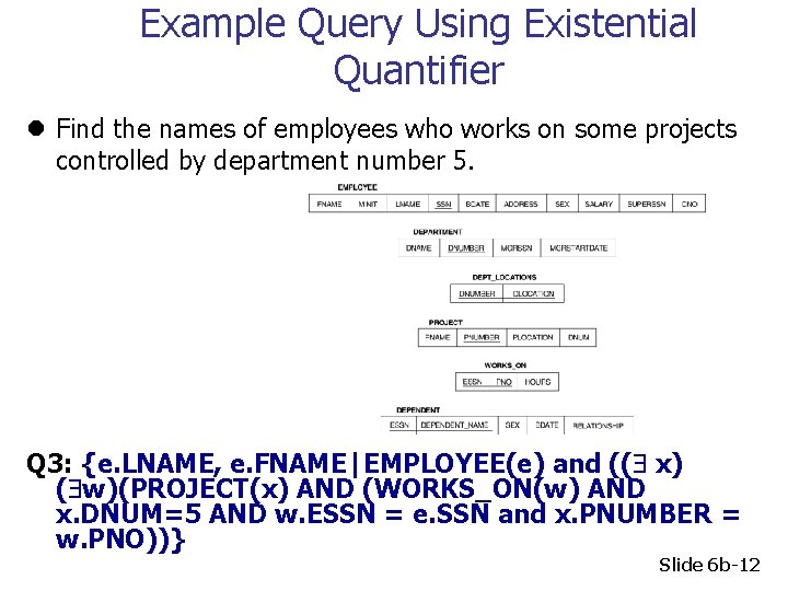 Example Query Using Existential Quantifier l Find the names of employees who works on