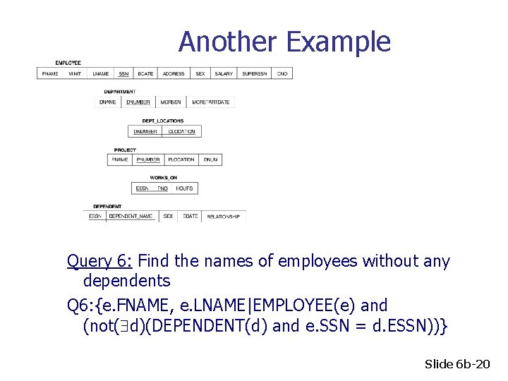 Another Example Query 6: Find the names of employees without any dependents Q 6: