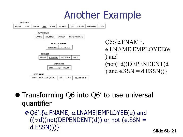 Another Example Q 6: {e. FNAME, e. LNAME|EMPLOYEE(e ) and (not( d)(DEPENDENT(d ) and