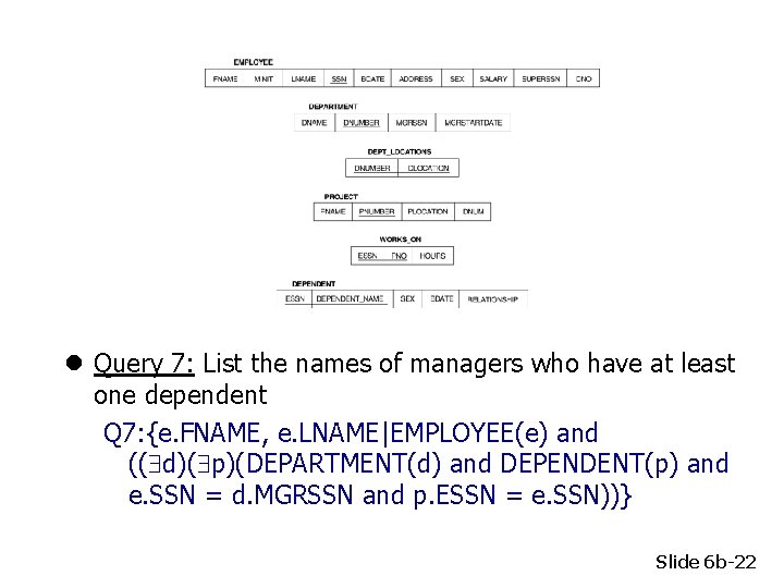 l Query 7: List the names of managers who have at least one dependent