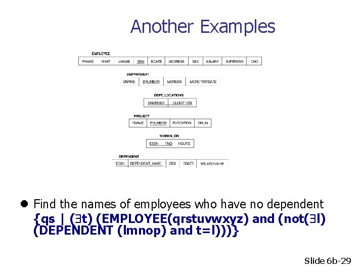 Another Examples l Find the names of employees who have no dependent {qs |