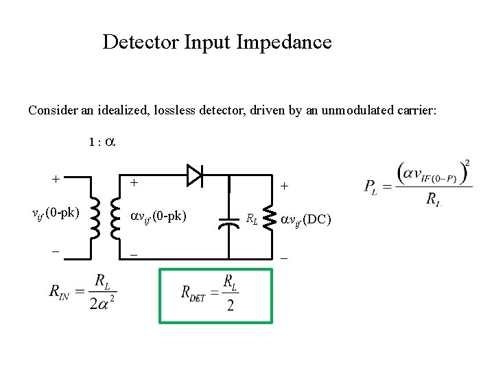 Detector Input Impedance Consider an idealized, lossless detector, driven by an unmodulated carrier: 1: