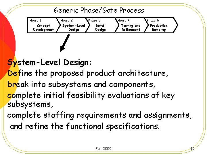 Generic Phase/Gate Process Phase 1 Concept Development Phase 2 System-Level Design Phase 3 Detail