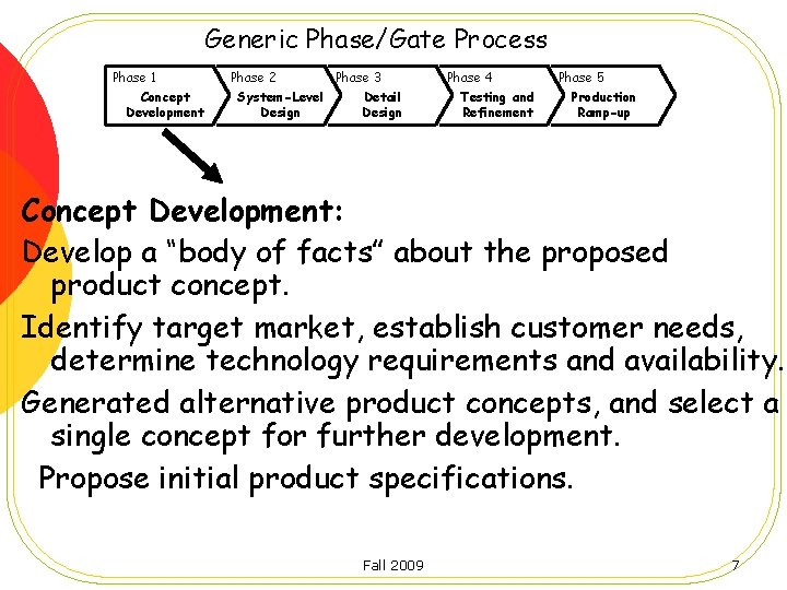 Generic Phase/Gate Process Phase 1 Concept Development Phase 2 System-Level Design Phase 3 Detail