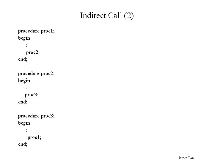 Indirect Call (2) procedure proc 1; begin : proc 2; end; procedure proc 2;