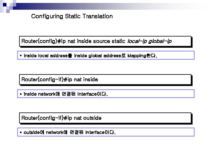 Configuring Static Translation Router(config)#ip nat inside source static local-ip global-ip § inside local address를