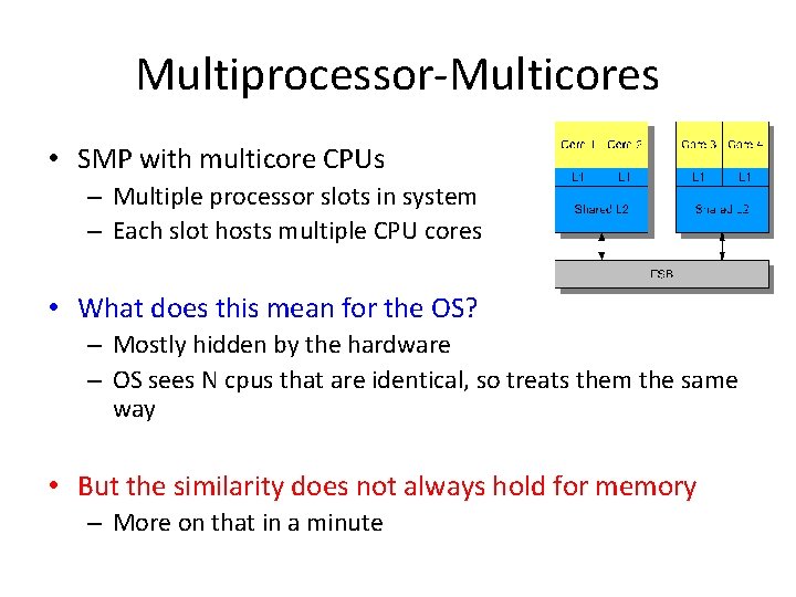 Multiprocessor-Multicores • SMP with multicore CPUs – Multiple processor slots in system – Each