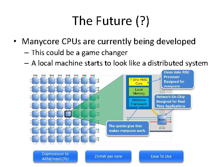 The Future (? ) • Manycore CPUs are currently being developed – This could