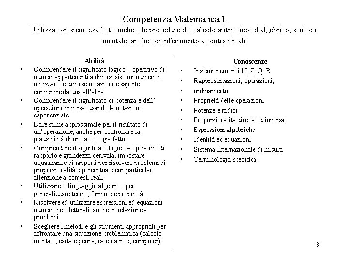 Competenza Matematica 1 Utilizza con sicurezza le tecniche e le procedure del calcolo aritmetico