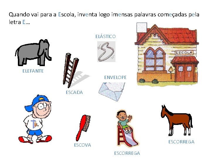 Quando vai para a Escola, inventa logo imensas palavras começadas pela letra E… ELÁSTICO