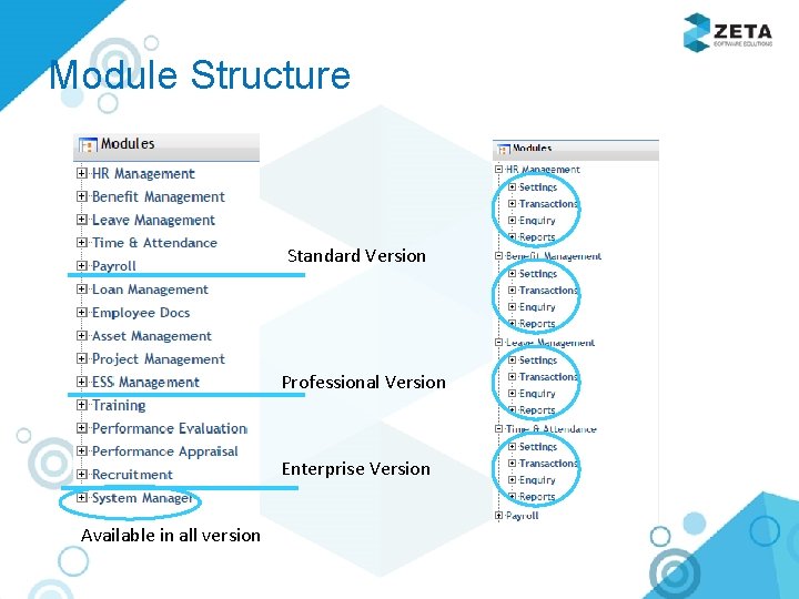 Module Structure Standard Version Professional Version Enterprise Version Available in all version 