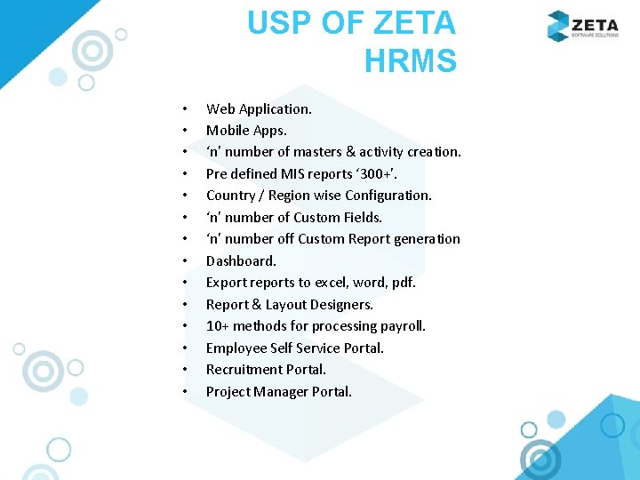 USP OF ZETA HRMS • • • • Web Application. Mobile Apps. ‘n’ number