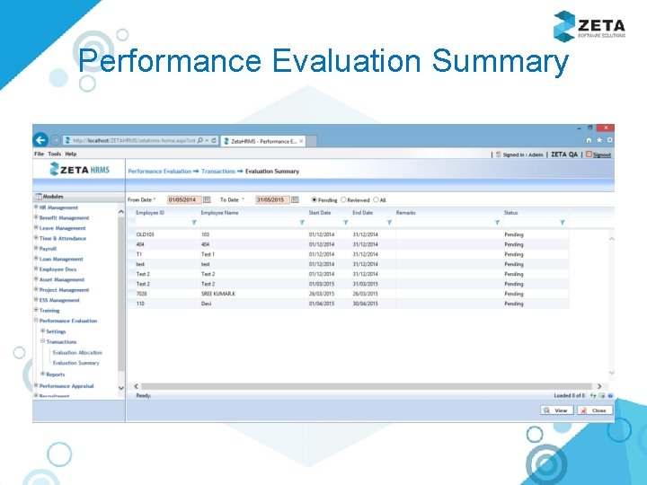 Performance Evaluation Summary 