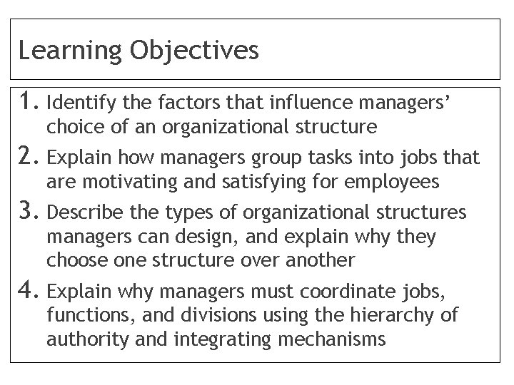 Learning Objectives 1. Identify the factors that influence managers’ choice of an organizational structure