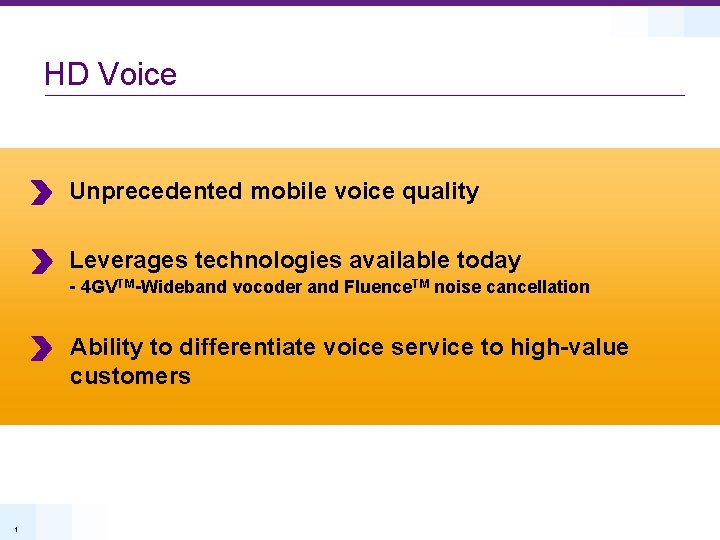 HD Voice Unprecedented mobile voice quality Leverages technologies available today - 4 GVTM-Wideband vocoder