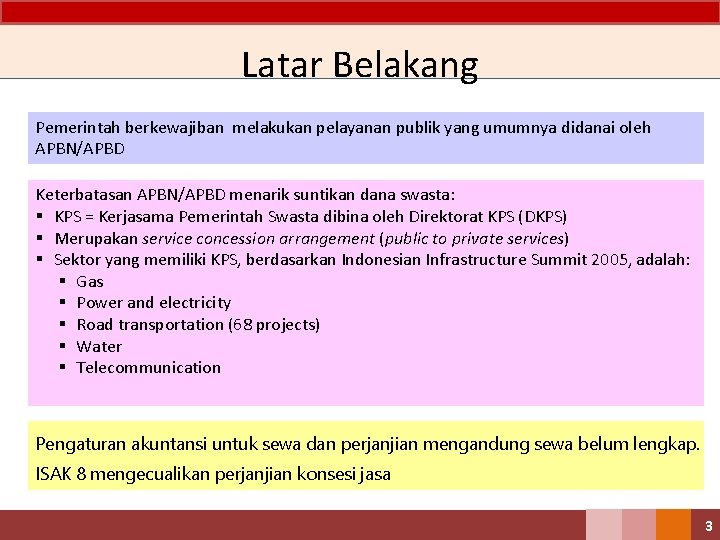 Latar Belakang Pemerintah berkewajiban melakukan pelayanan publik yang umumnya didanai oleh APBN/APBD Keterbatasan APBN/APBD