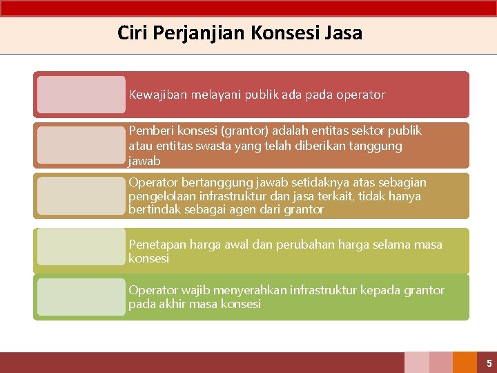 Ciri Perjanjian Konsesi Jasa Kewajiban melayani publik ada pada operator Pemberi konsesi (grantor) adalah