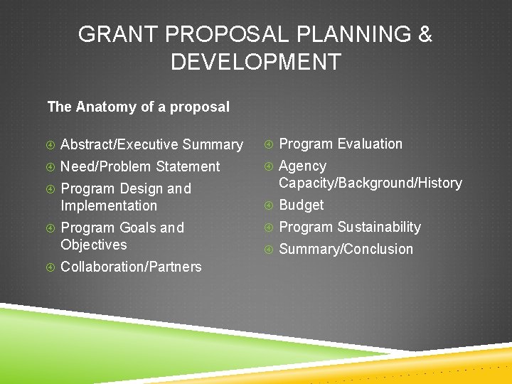 GRANT PROPOSAL PLANNING & DEVELOPMENT The Anatomy of a proposal Abstract/Executive Summary Program Evaluation