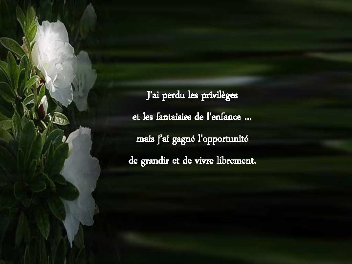 J’ai perdu les privilèges et les fantaisies de l’enfance … mais j’ai gagné l’opportunité