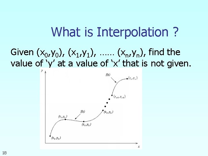 What is Interpolation ? Given (x 0, y 0), (x 1, y 1), ……