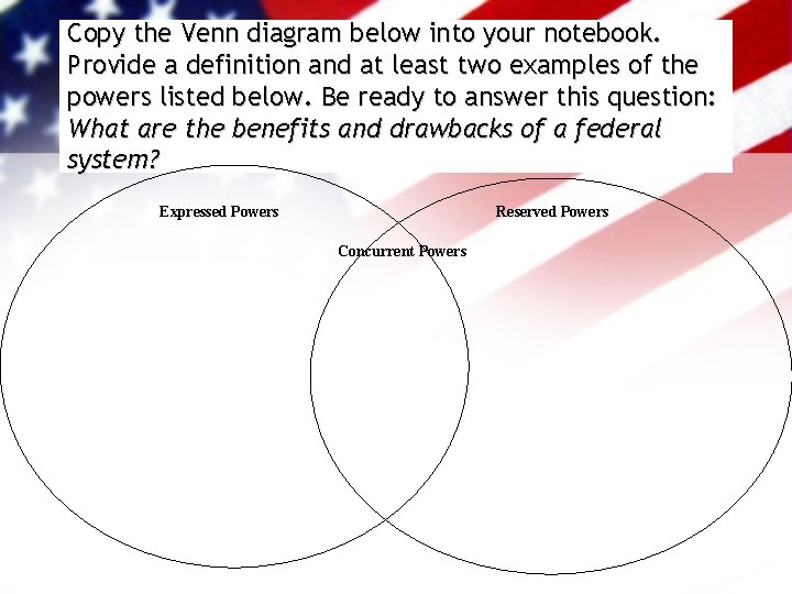 Copy the Venn diagram below into your notebook. Provide a definition and at least