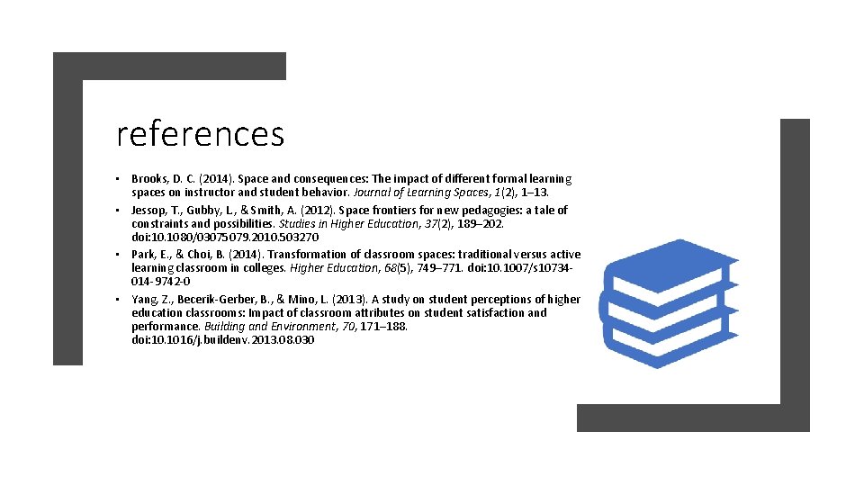 references • Brooks, D. C. (2014). Space and consequences: The impact of different formal