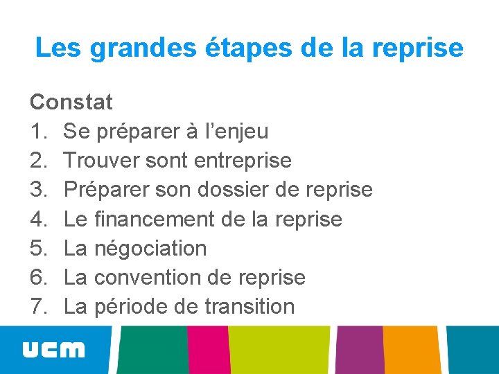 Les grandes étapes de la reprise Constat 1. Se préparer à l’enjeu 2. Trouver