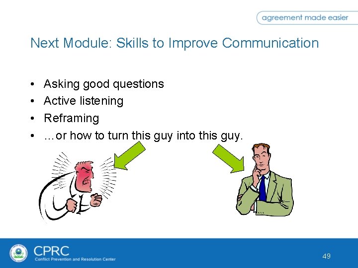 Next Module: Skills to Improve Communication • • Asking good questions Active listening Reframing