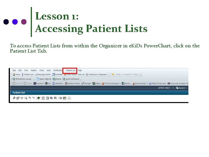 Lesson 1: Accessing Patient Lists To access Patient Lists from within the Organizer in