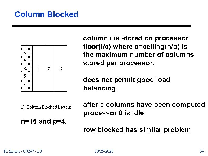 Column Blocked column i is stored on processor floor(i/c) where c=ceiling(n/p) is the maximum