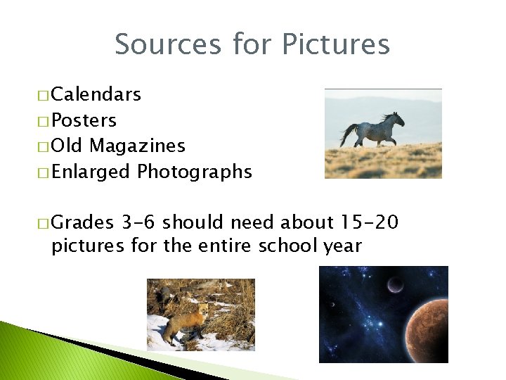 Sources for Pictures � Calendars � Posters � Old Magazines � Enlarged Photographs �