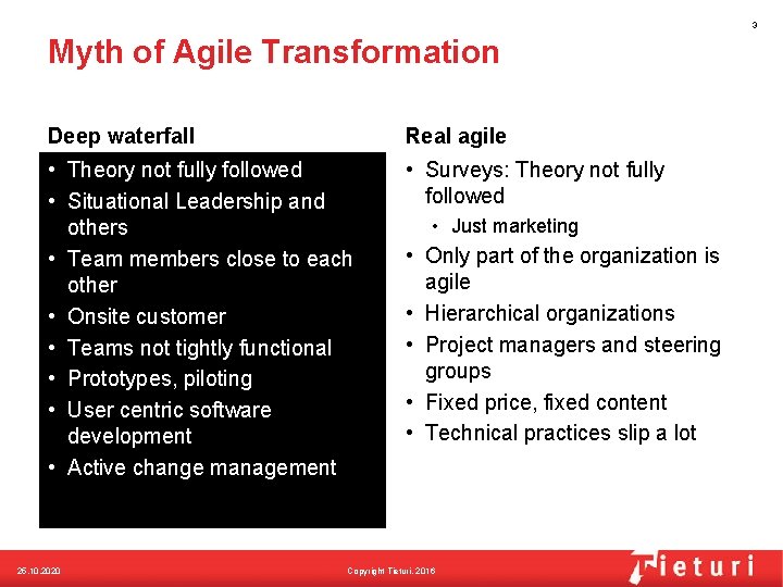 3 Myth of Agile Transformation Deep waterfall Real agile • Theory not fully followed