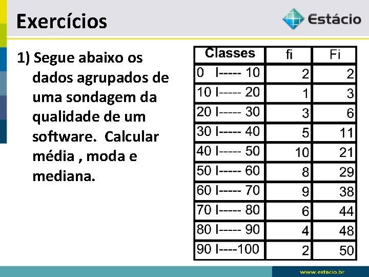 Exercícios 1) Segue abaixo os dados agrupados de uma sondagem da qualidade de um