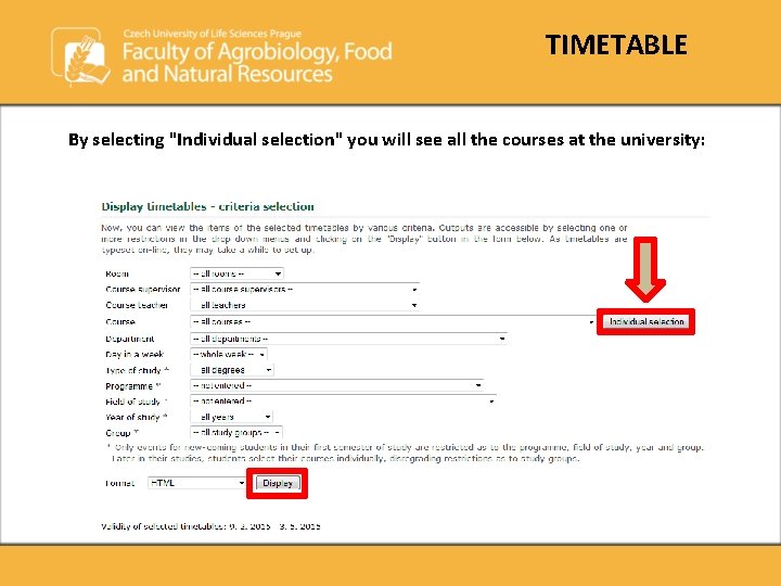 TIMETABLE By selecting "Individual selection" you will see all the courses at the university: TIMETABLE By selecting "Individual selection" you will see all the courses at the university: