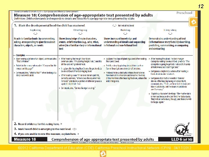 12 DRDP 2010 Measure 18 © 2012 California Department of Education (CDE) California Preschool 12 DRDP 2010 Measure 18 © 2012 California Department of Education (CDE) California Preschool