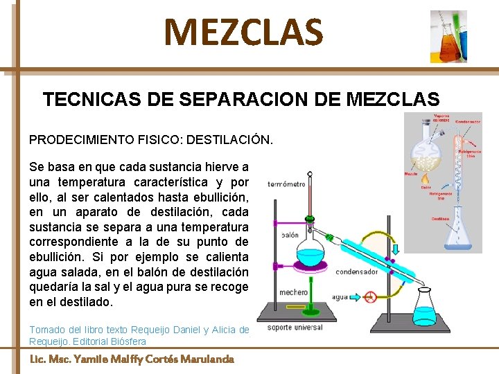 MEZCLAS TECNICAS DE SEPARACION DE MEZCLAS PRODECIMIENTO FISICO: DESTILACIÓN. Se basa en que cada