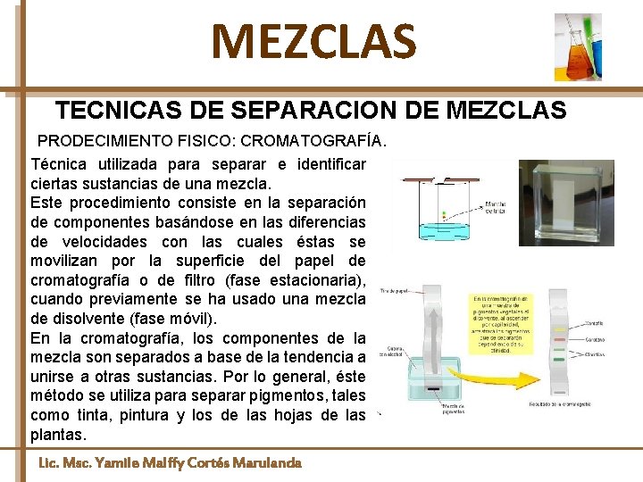 MEZCLAS TECNICAS DE SEPARACION DE MEZCLAS PRODECIMIENTO FISICO: CROMATOGRAFÍA. Técnica utilizada para separar e