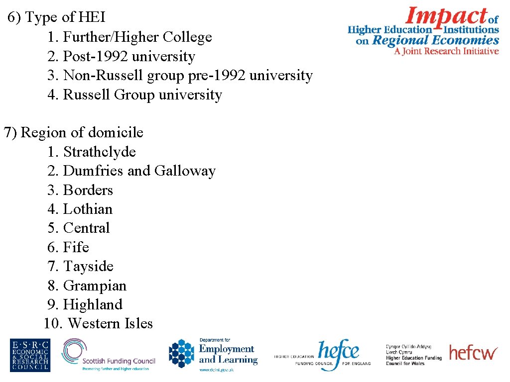 6) Type of HEI 1. Further/Higher College 2. Post-1992 university 3. Non-Russell group pre-1992