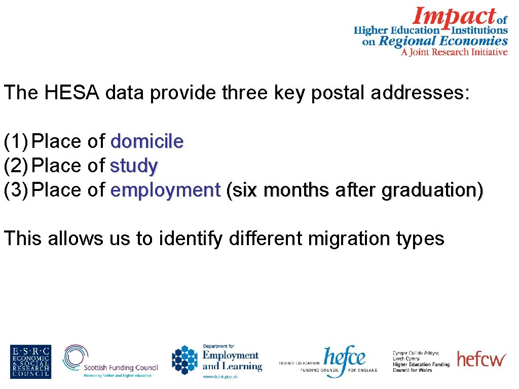 The HESA data provide three key postal addresses: (1) Place of domicile (2) Place