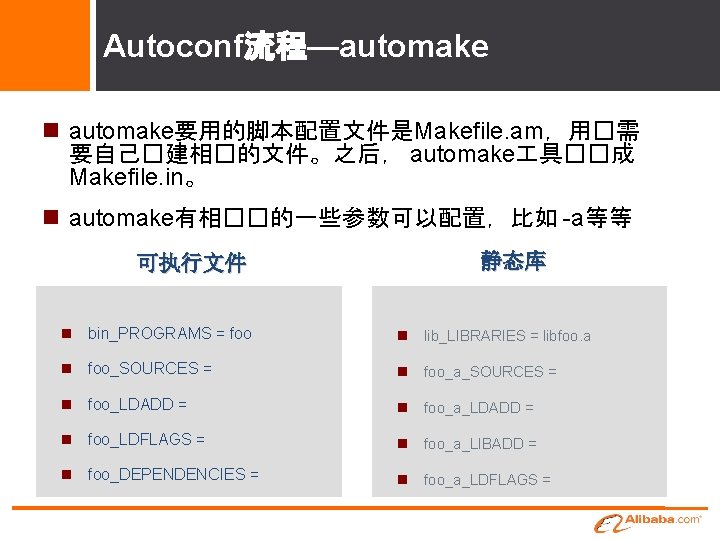 Autoconf流程—automake automake要用的脚本配置文件是Makefile. am，用�需 要自己�建相�的文件。之后， automake 具��成 Makefile. in。 automake有相��的一些参数可以配置，比如 -a等等 可执行文件 静态库 bin_PROGRAMS =