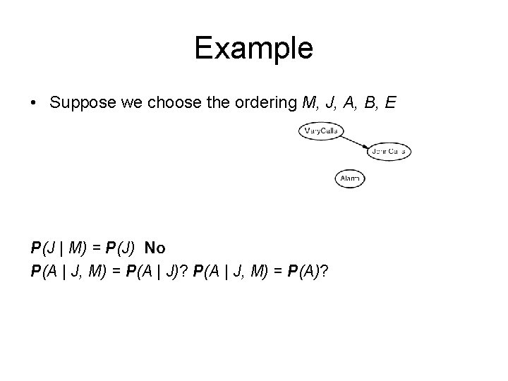Example • Suppose we choose the ordering M, J, A, B, E P(J |