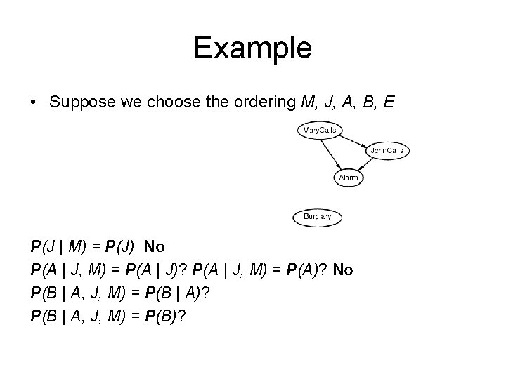 Example • Suppose we choose the ordering M, J, A, B, E P(J |