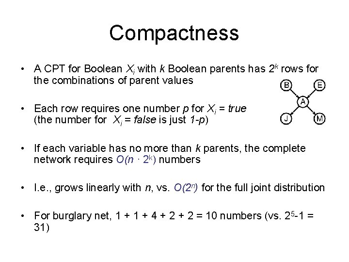 Compactness • A CPT for Boolean Xi with k Boolean parents has 2 k