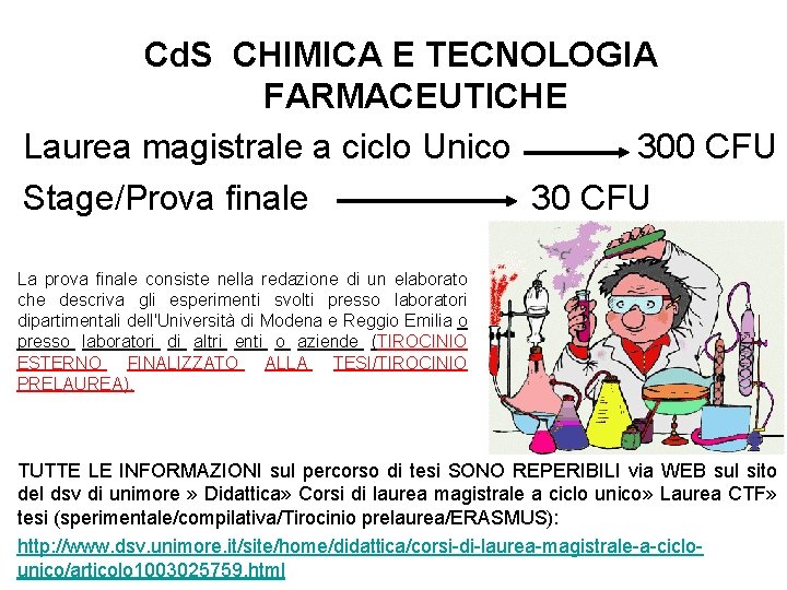 Cd. S CHIMICA E TECNOLOGIA FARMACEUTICHE Laurea magistrale a ciclo Unico 300 CFU Stage/Prova