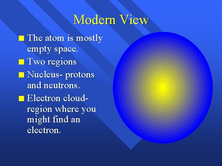 Modern View The atom is mostly empty space. n Two regions n Nucleus- protons