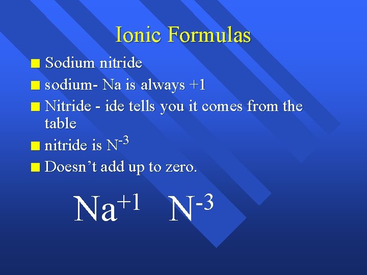 Ionic Formulas Sodium nitride n sodium- Na is always +1 n Nitride - ide