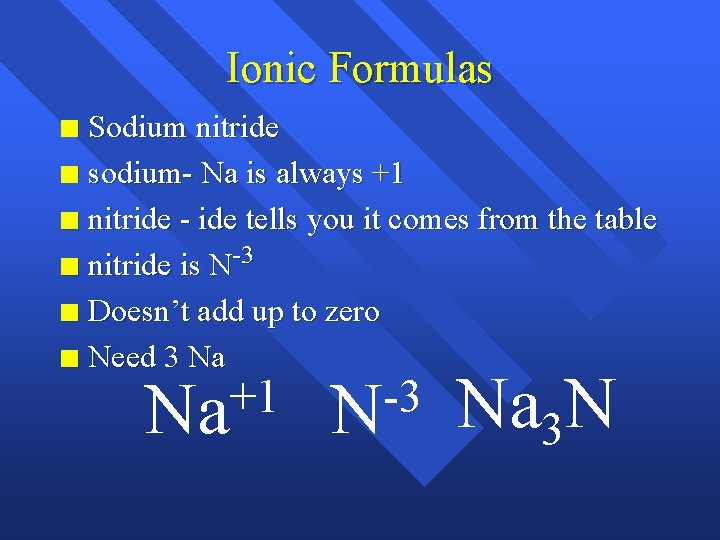 Ionic Formulas Sodium nitride n sodium- Na is always +1 n nitride - ide