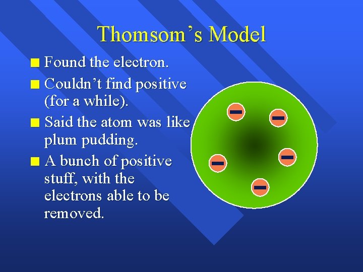 Thomsom’s Model Found the electron. n Couldn’t find positive (for a while). n Said