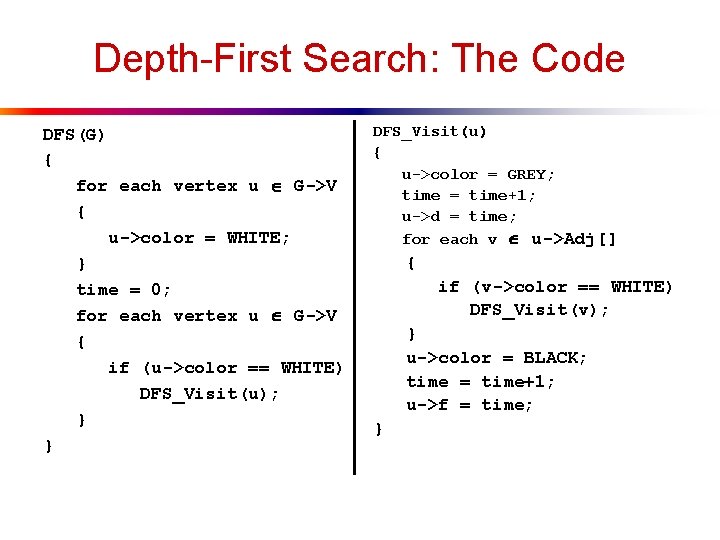 Depth-First Search: The Code DFS(G) { for each vertex u G->V { u->color =